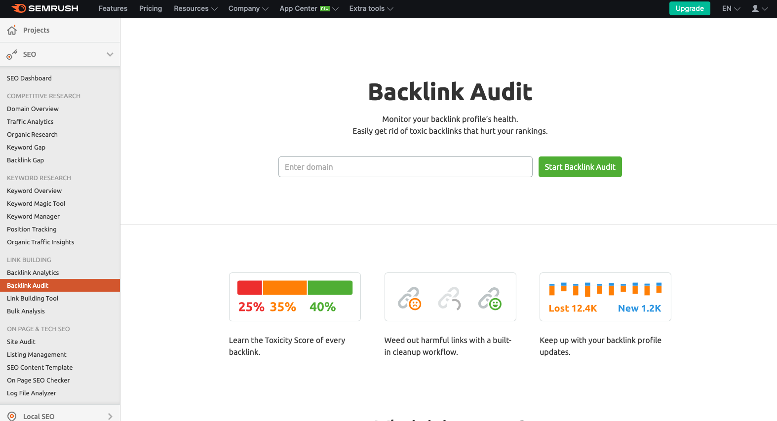 Backlink audit tool in Semrush