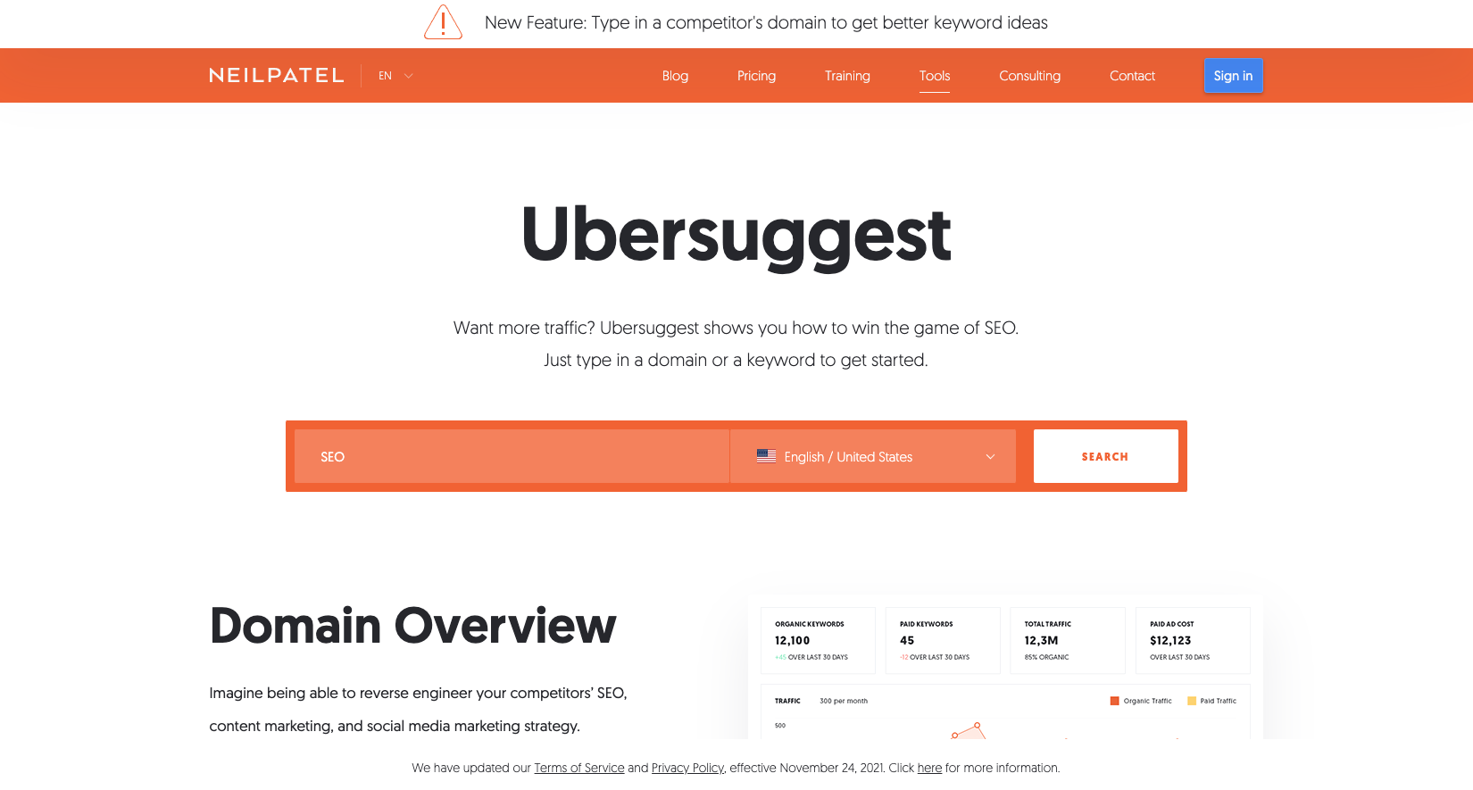 Entering SEO into Ubersuggest